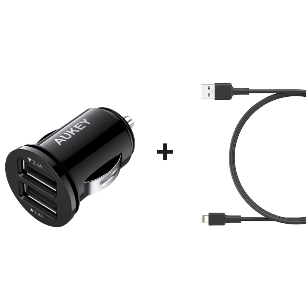 Aukey 24W Duo-Port Ultra Small Car Charger, - Black + Aukey Circlet AC Nylon braided USB-A to USB-C Cable 0.9m, - Black