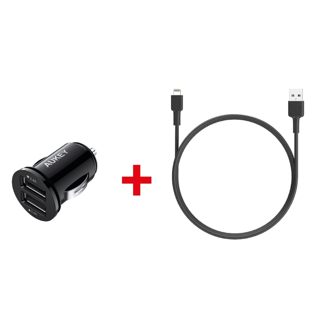 Aukey 24W Duo-Port Ultra Small Car Charger, - Black + Aukey Nylon Braided USB-Ato Lightning Cable 0.9m - Black