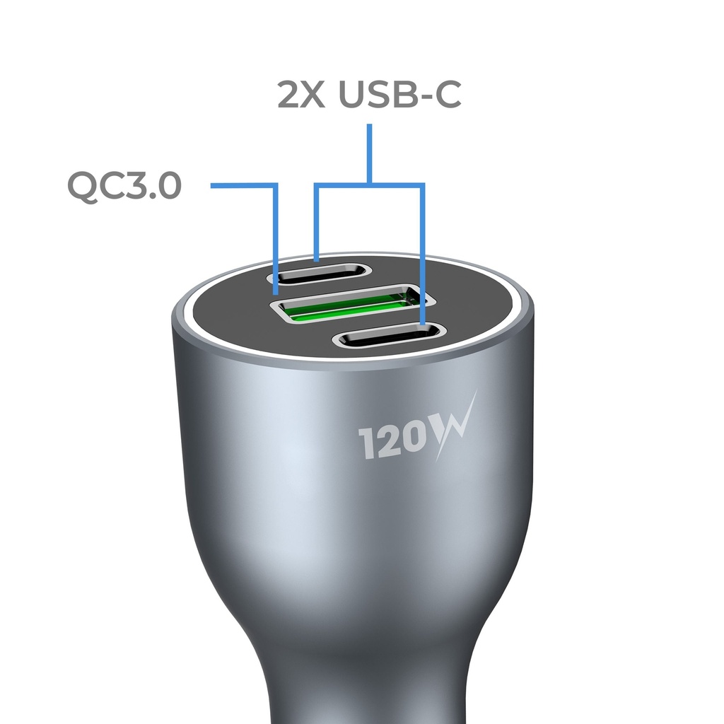 Blupebble Navi Power 120W Car Charger With 2 PD and 1 QC 3.0 - Grey