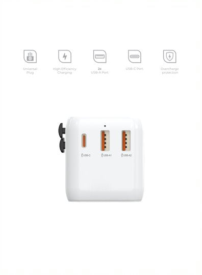 Blupebble Passport 3.1 World Travel Adapter with PD 20W + 1USB-C + 2 USB-A - White