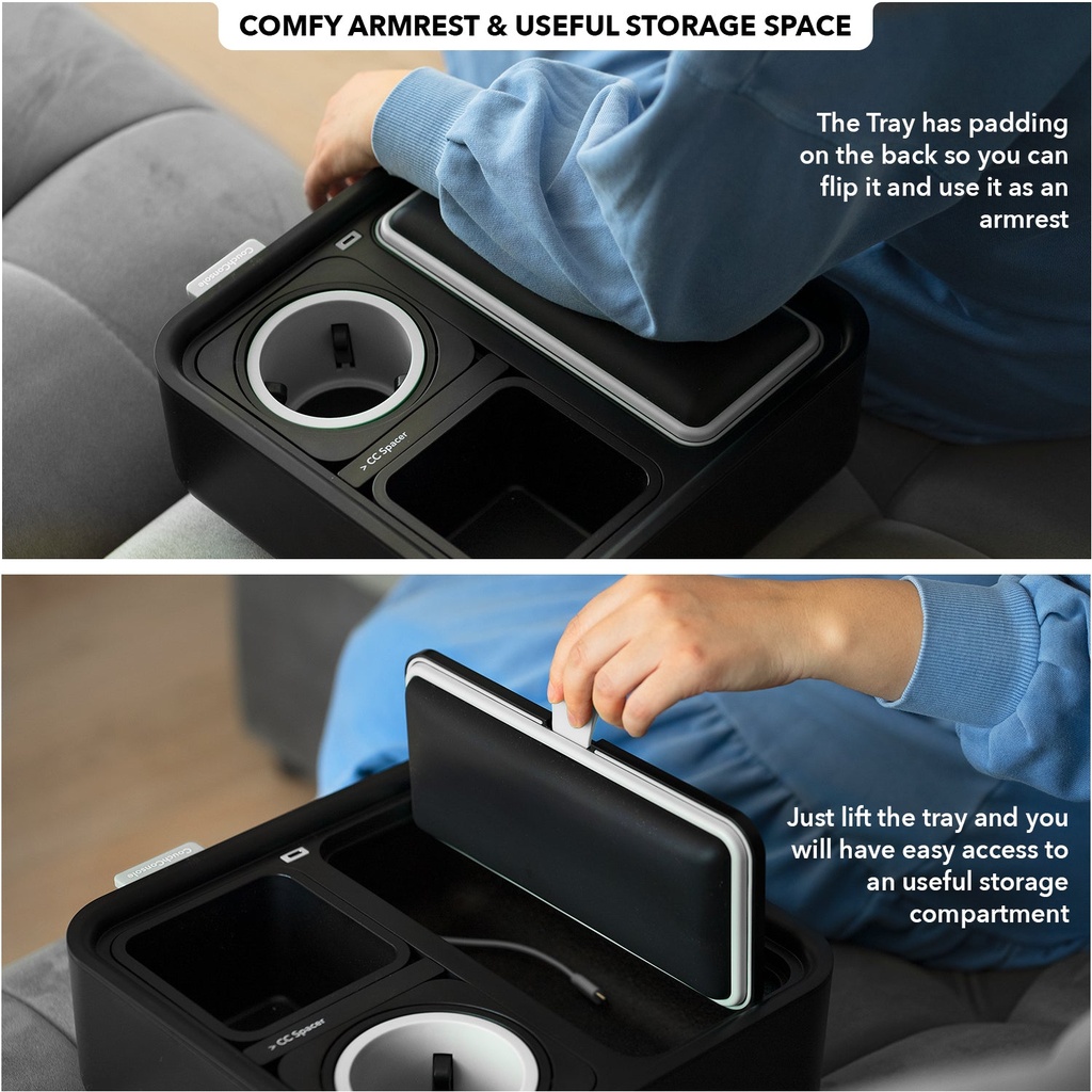 CouchConsole Cup Holder with Phone Stand Tray - Dark Grey