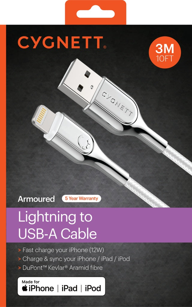 Cygnett Armoured Lightning to USB-A Cable 3m - White