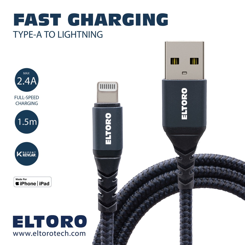 Eltoro USB-A TO Lightning KEVLAR Cable 1.5m with - Black Nylon + DEEP BLUE