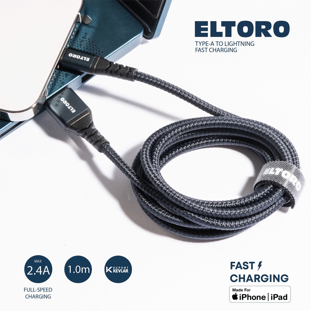 Eltoro USB-A TO Lightning KEVLAR Cable 1.5m with - Black Nylon + DEEP BLUE