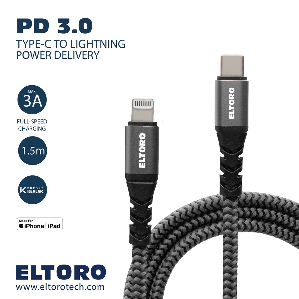 Eltoro USB-C TO Lightning KEVLAR Cable 1.5m with - Black Nylon + Gray