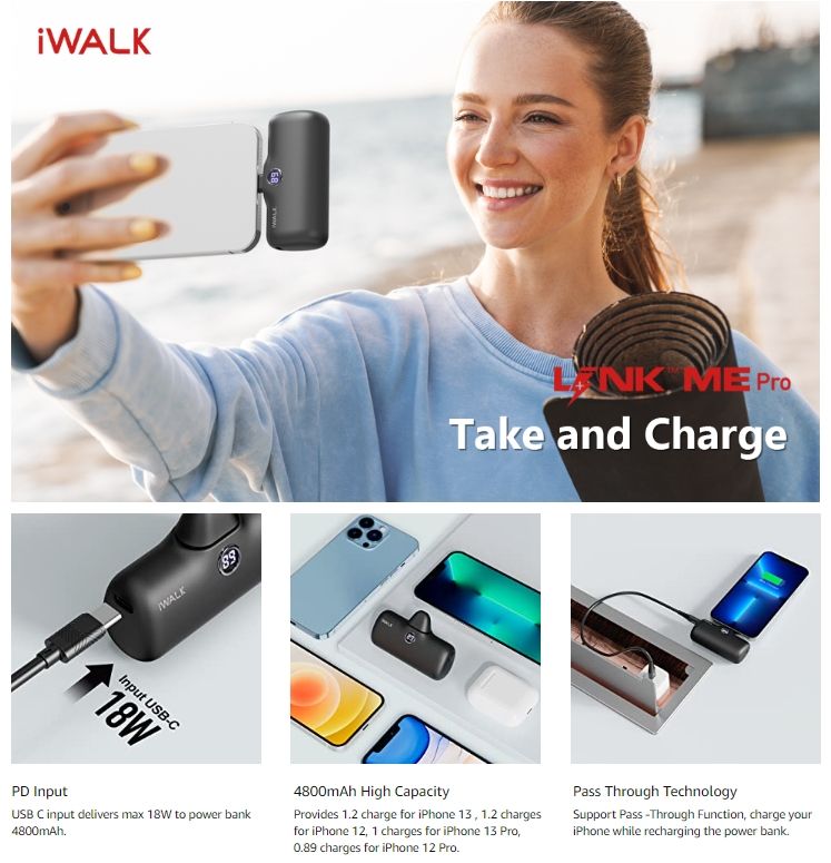 Iwalk Linkme Pro Fast Charger 4800mAh Pocket Battery With Battery Display For iPhone - Black