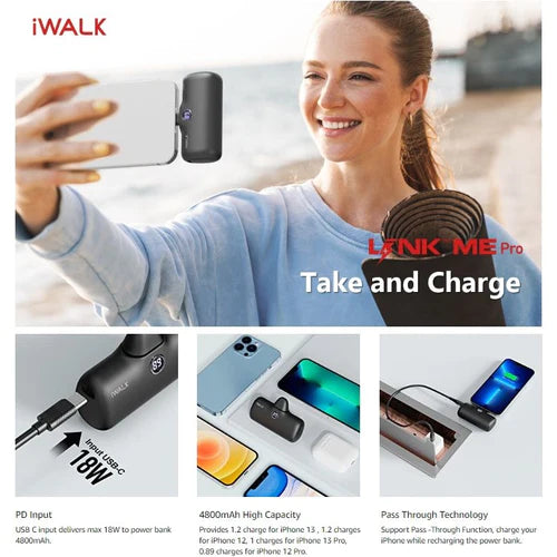 Iwalk Linkme Pro Fast Charger 4800mAh Pocket Battery With Battery Display For iPhone - Purple