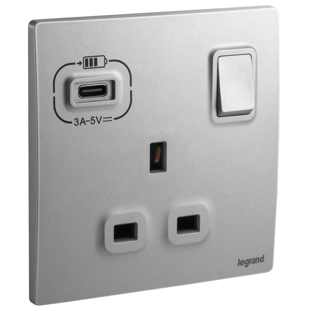 Legrand British Standard Socket Outlet With USB-C Chargers - 13A 250V~ 1 Gang Single Pole Switched - Dark Silver