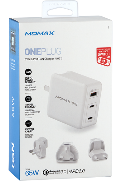 Momax ONEPlug 3-Port GaN Fast charger 65W ultra - lightweight universal - White