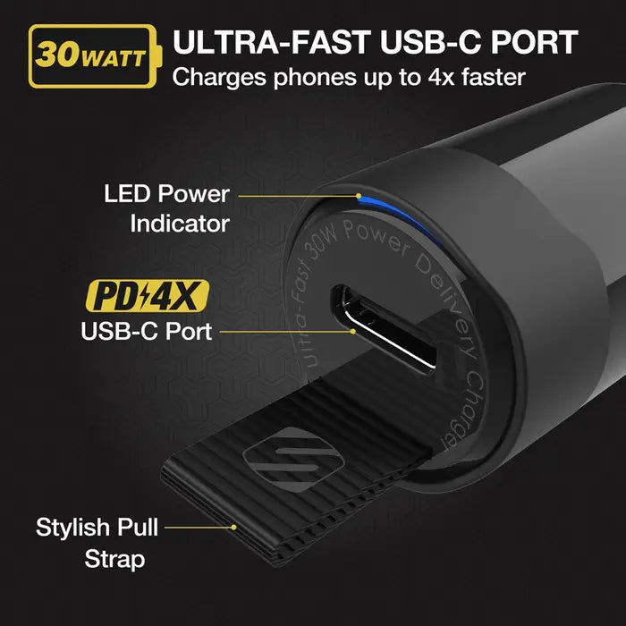 Scosche PowerVolt 30W USB-C Fast Car Charger with Fabric Pull Label and Power Delivery 3.0 with PPS for All USB-C Devices