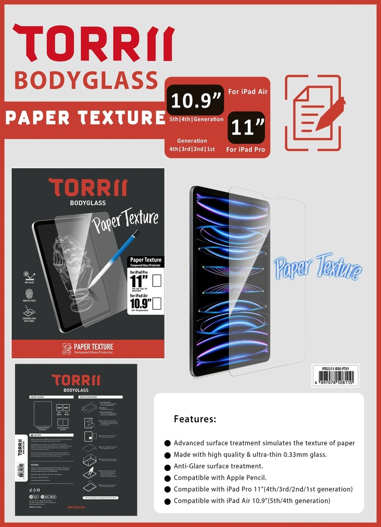 Torrii Bodyglass Paper Texture Glass Screen Protector For iPad Pro 11-inch 4th/3rd/2nd/1st Gen. & iPad Air 10.9” 5th/4th Gen. - Clear