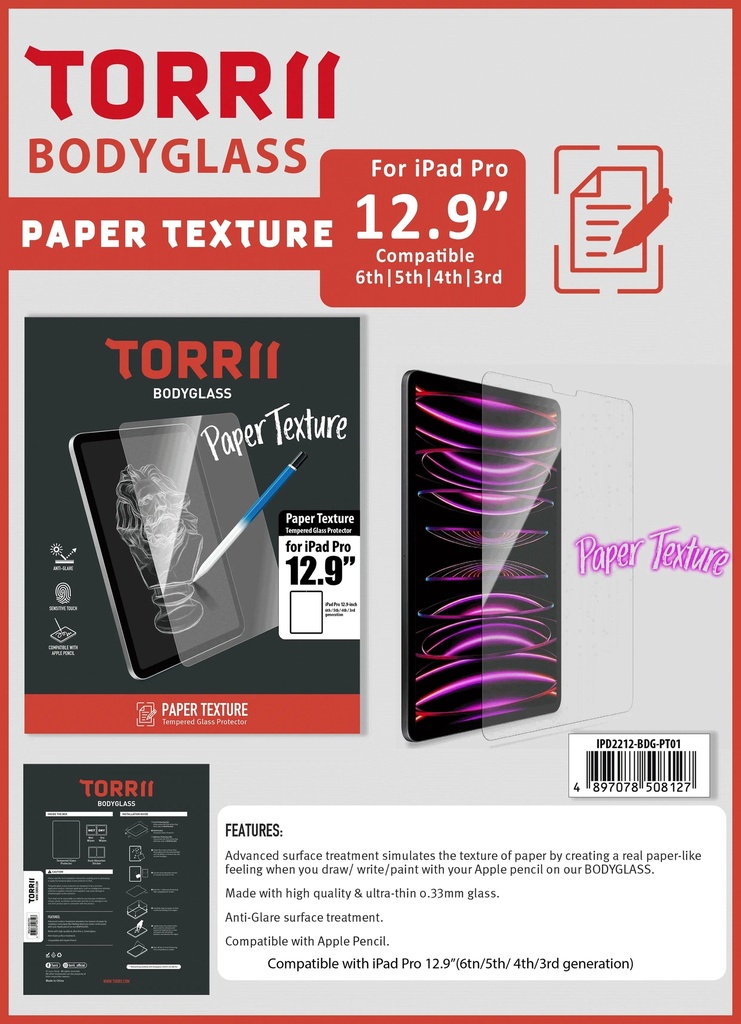 Torrii Bodyglass Paper Texture Glass Screen Protector For iPad Pro 12.9-inch 6th/5th/4th/3rd Gen. - Clear