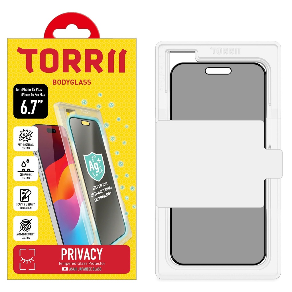 Torrii Bodyglass Screen Protector Anti - Bacterial Coating For iPhone 15 Plus 14 Pro Max Ð Privacy - Black