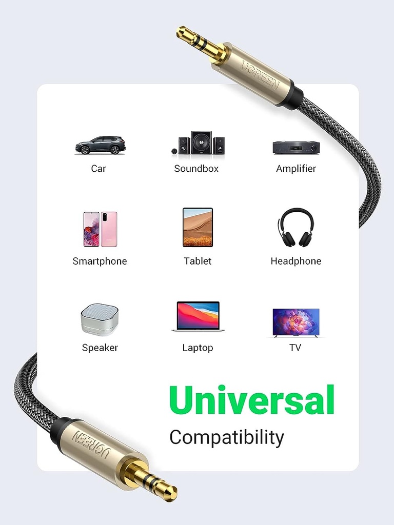 UGREEN 3.5mm Metal Connector Silver Plating Braided Audio Cable 5m