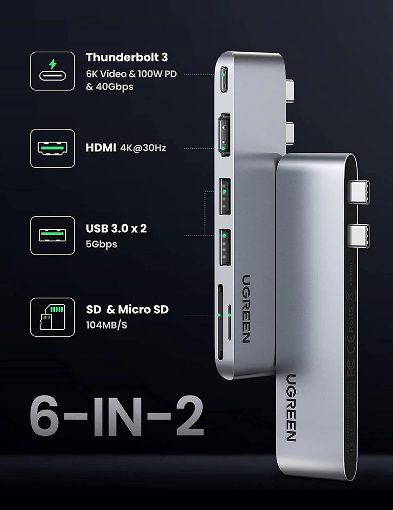 UGREEN HUB 6-in-2 USB-C for MacBook Pro - Air - 3 x USB 3.0 - 1 x USB-C 100W - 1 x MicroSD - 1 x SD - Ultra Slim Aluminum