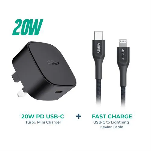 Aukey 20W Compact PD Charger - Black - Type C Output + USB-C - Lightning Cable - 1.2 Mtrs + World Smallest 30W Car Charger