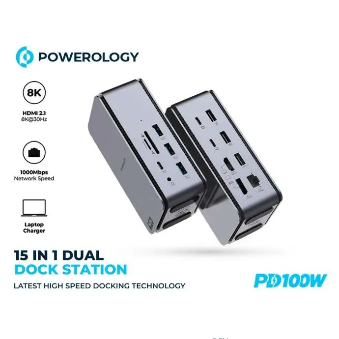 Powerology 15-in-1 Dual Dock Station - Grey