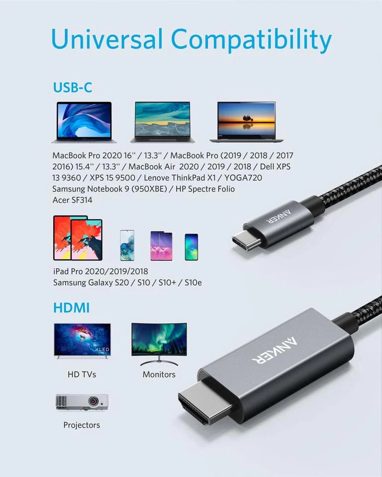 Anker 311 USB-C to HDMI 4K Nylon Cable (1.8m/6ft) - Black