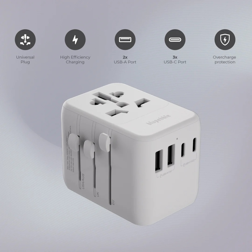 Blupebble Passport 5 World Travel Adapter with GaN III Tech – 35W, 3 USB-C & 2 USB-A -White