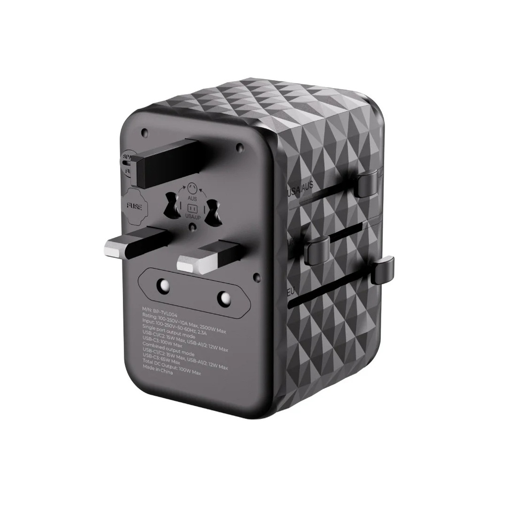 Blupebble Passport 4 World Travel Adapter – Featuring GAN III Tech, 100W Power, 3 USB-C, and 2 USB-A - Black