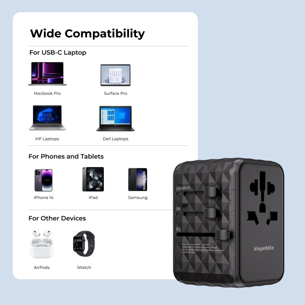 Blupebble Passport 4 World Travel Adapter – Featuring GAN III Tech, 100W Power, 3 USB-C, and 2 USB-A - Black