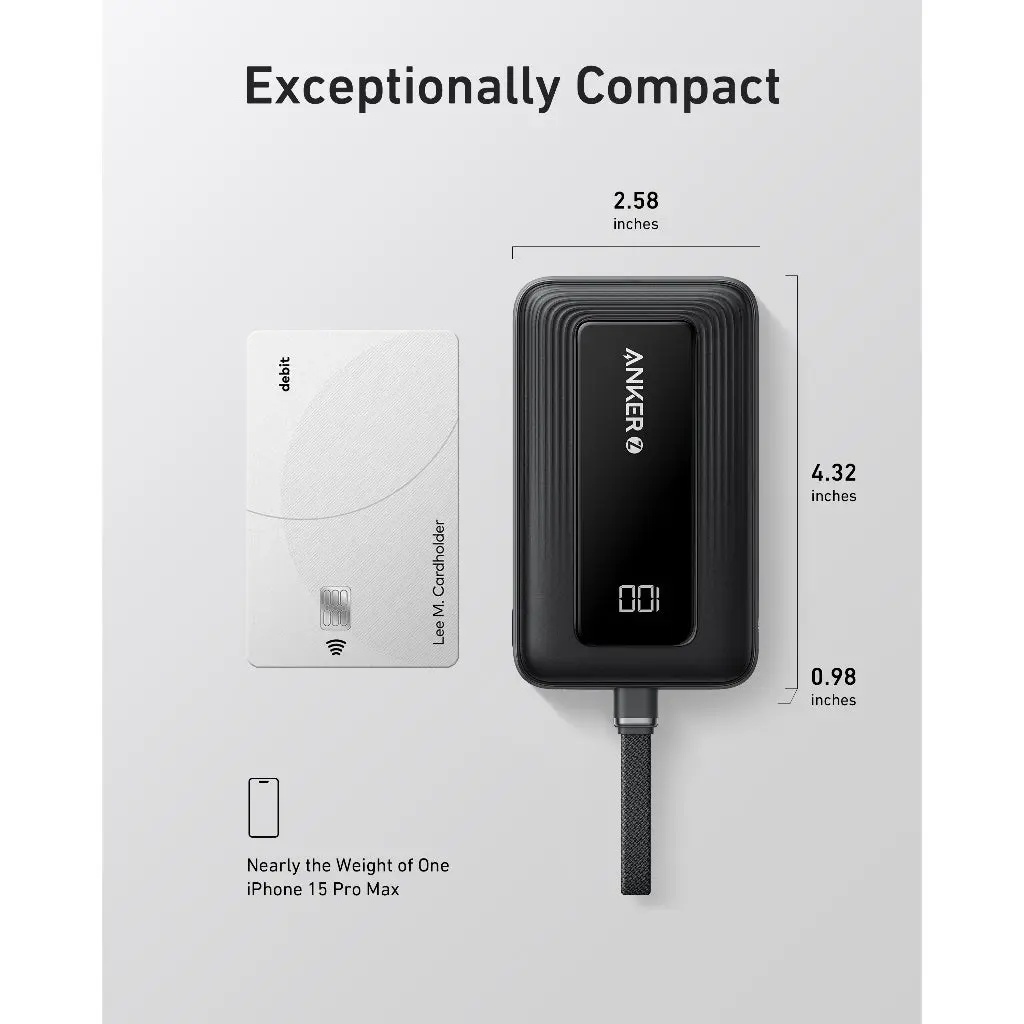 Anker Zolo Power Bank (10K, 30W, Built-In USB-C Cable) - Black