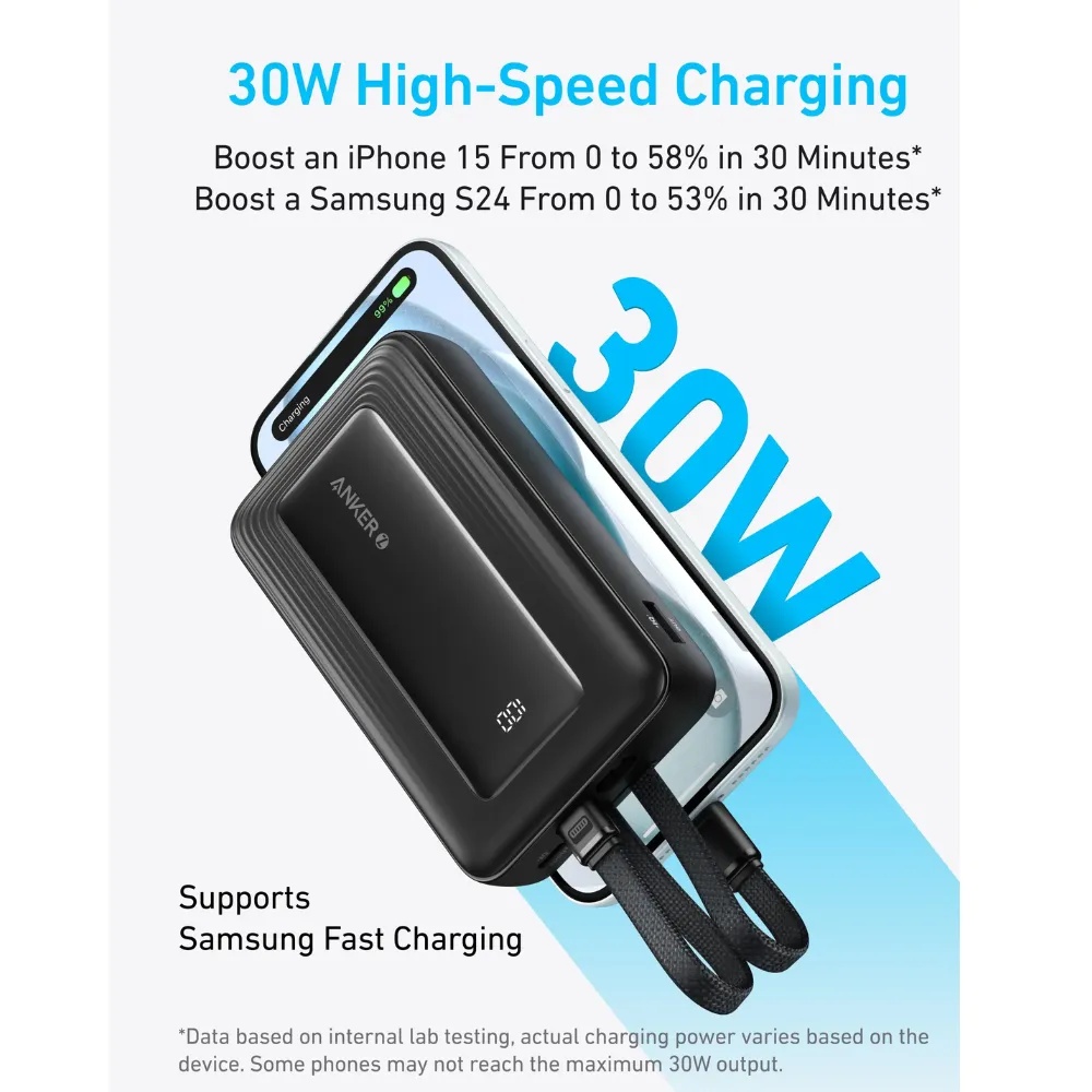 Anker Zolo Power Bank (20K, 30W, Built-In USB-C and Lightning Cable) -Black