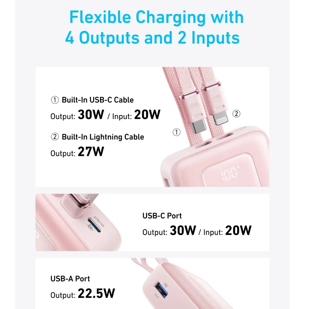 Anker Zolo Power Bank (20K, 30W, Built-In USB-C and Lightning Cable) -Pink