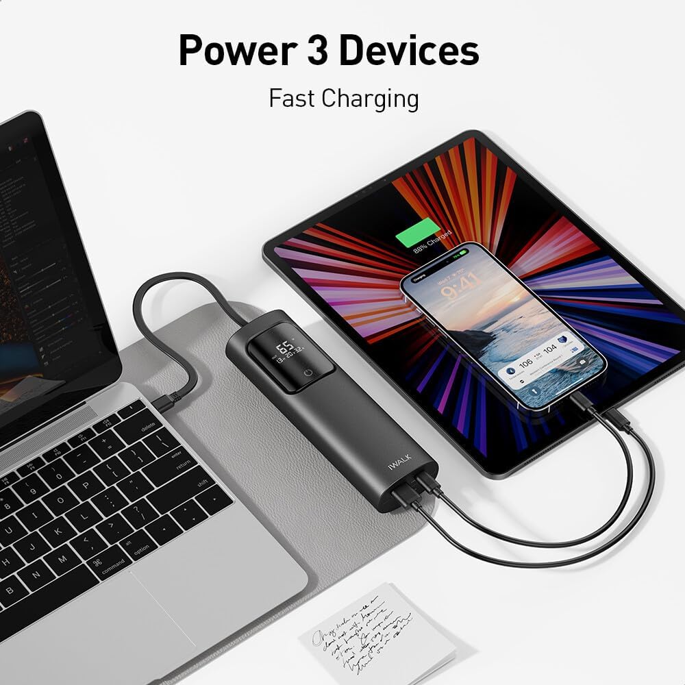 iWalk Laptop Power Bank, 20000mAh 65W 3-Output Portable Charger with Built-in USB-C Cable, PD QC Fast Charging External Battery Pack for MacBook Pro/Air HP iPhone 16 15 14 13 12 iPad Samsung Steam Deck, Smart LED Display, Triple Device Simultaneous Charging - Black