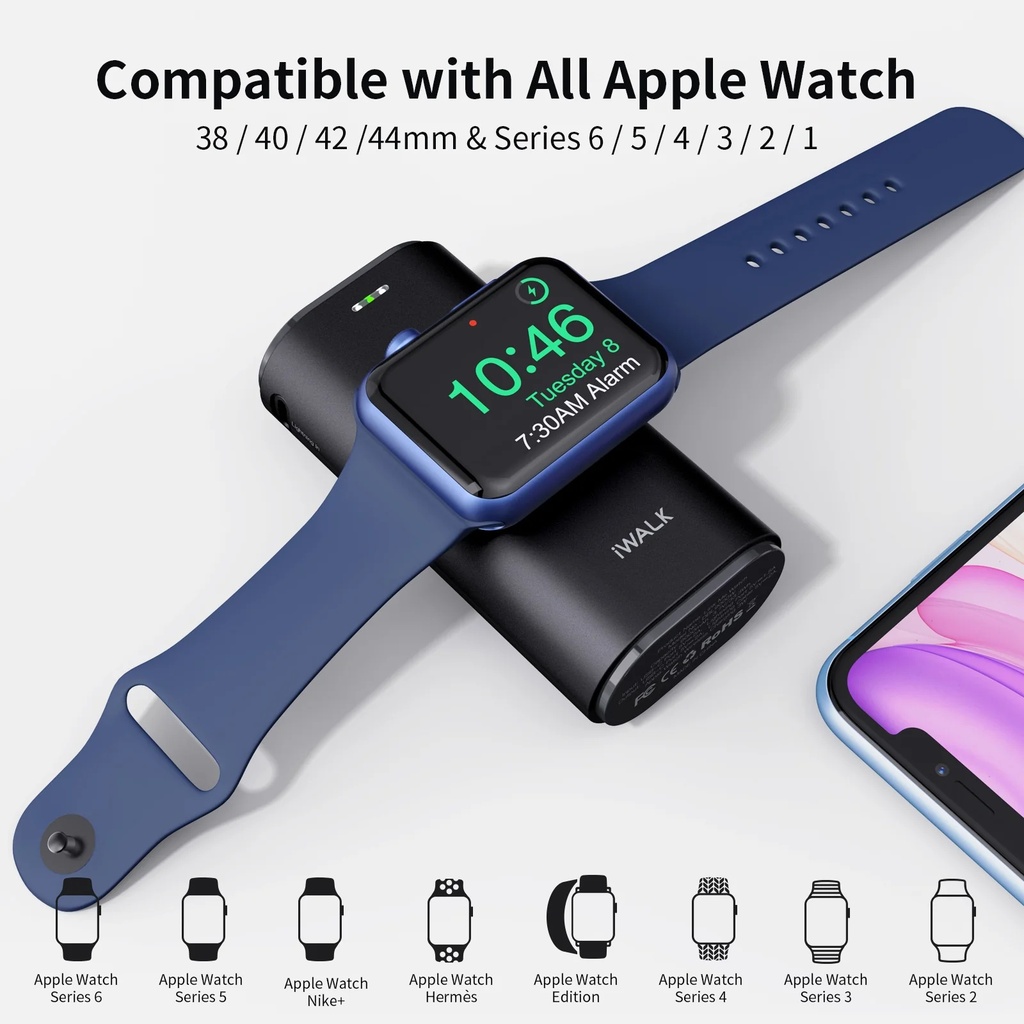 iWalk LinkPod Watch | Portable Phone and Apple Watch Charger [Built-In Lightning Cable] 9000mAh Capacity Built-in Cable:Lightning Built-in Magnetic:Apple Watch - Black