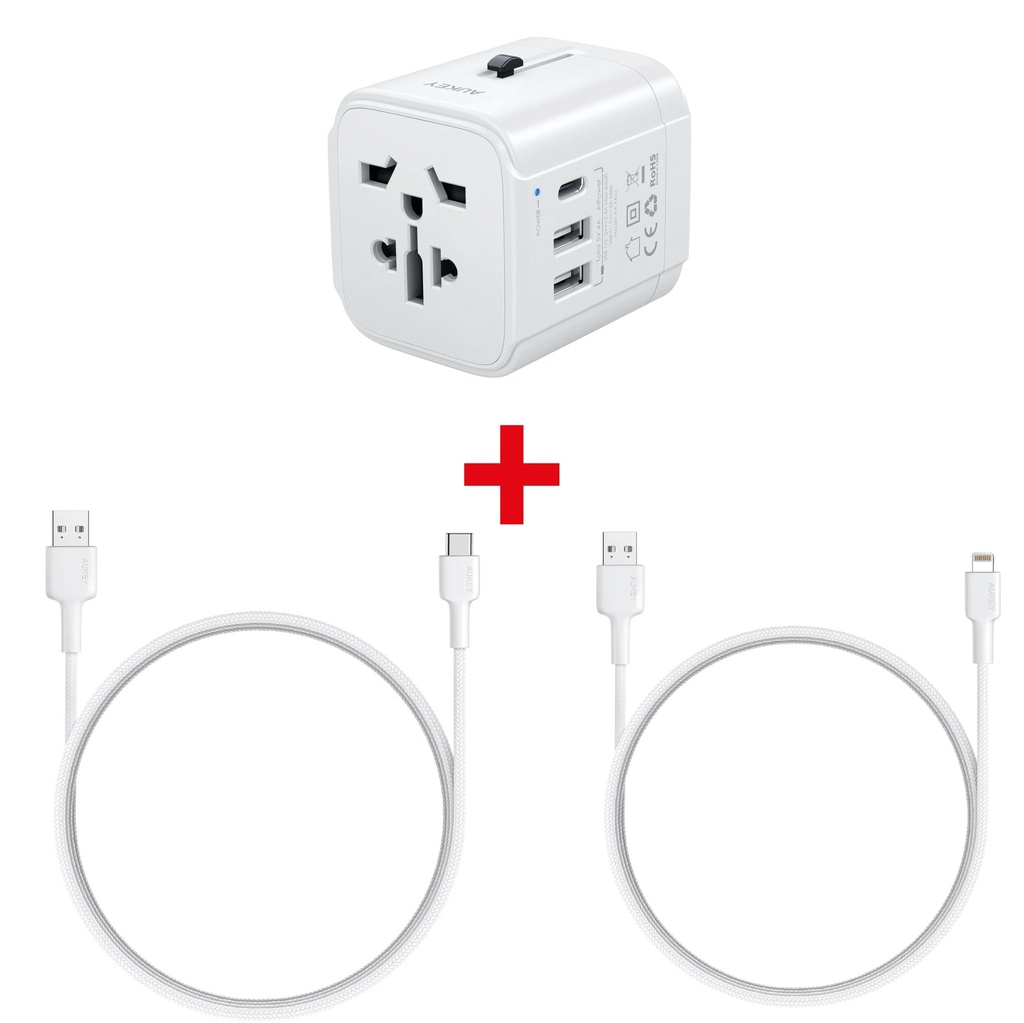 Aukey Universal Adapter with 3 USB Ports + 1 C Port - PD - White + Aukey Nylon Braided MFI USB-A to Lightning Cable 0.9m - White + Aukey Braided Nylon USB 2.0 to USB-C Cable 0.9m - White