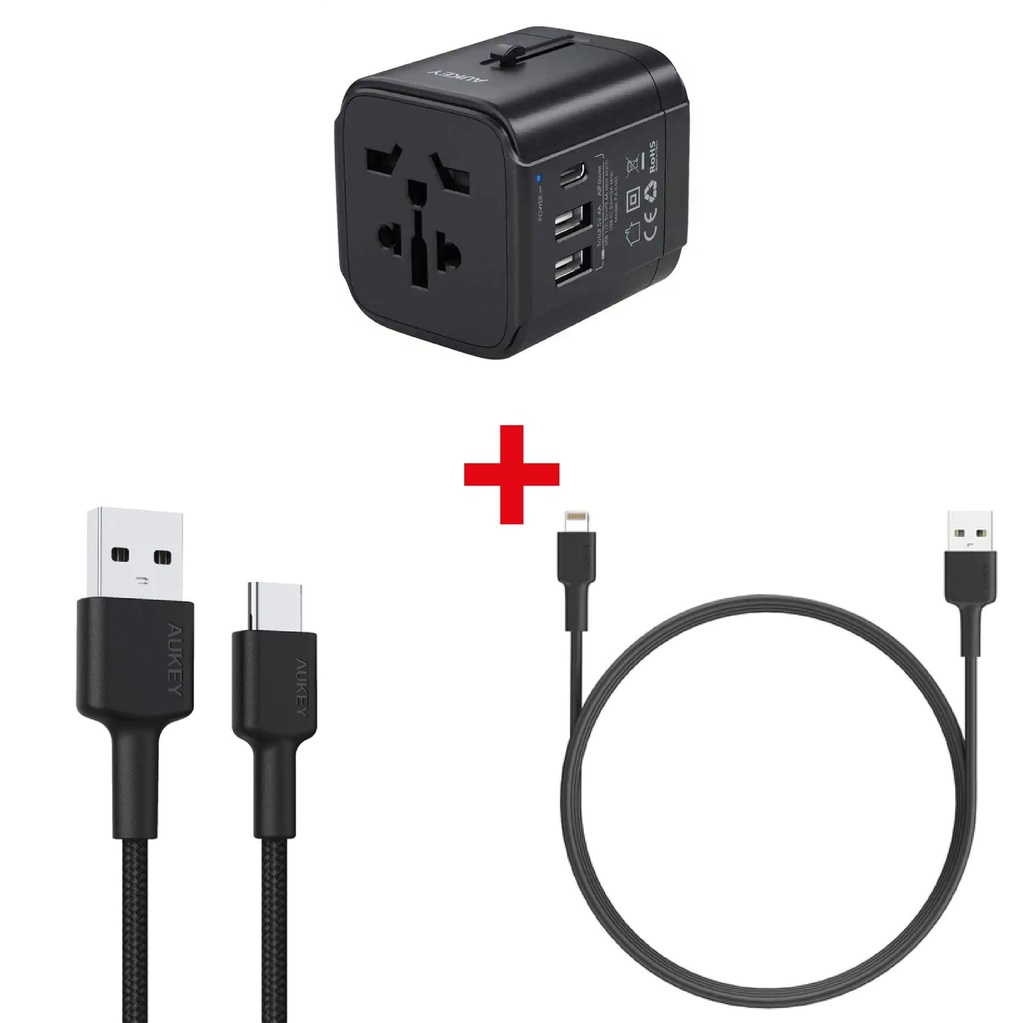 Aukey Universal Travel Adapter With USB-C and USB-A Ports - Black + Aukey Nylon Braided USB-Ato Lightning Cable 0.9m - Black + Aukey Braided Nylon USB 2.0 to USB-C Cable 0.9m