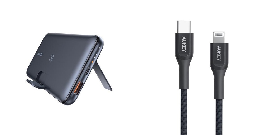 Bundle Aukey 18W PD QC 3.0 10000mAh Power Bank With Foldable Stand & Wireless Charger + USB-C To Lightning Cable