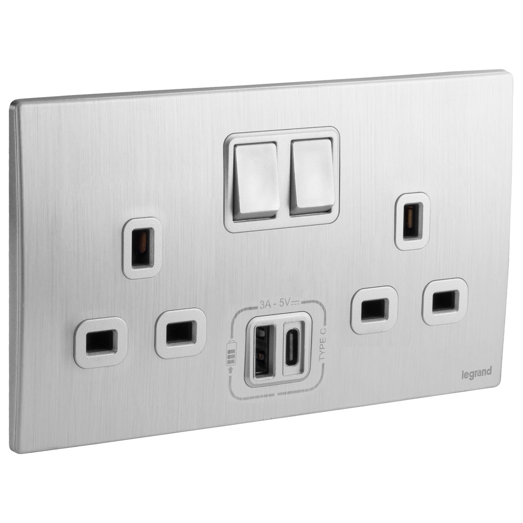 Legrand British Standard Socket Outlet With USB Type - A + C Chargers - 13A 250V 2 Gang Single Pole Switched - Brushed Aluminium