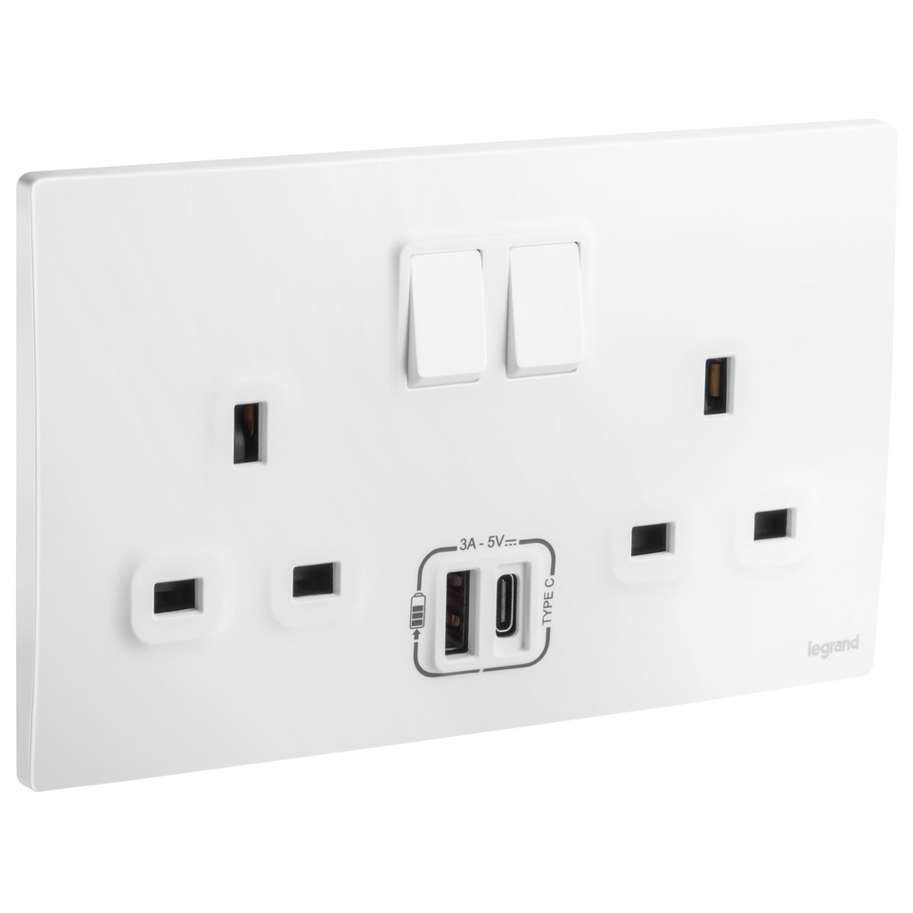 Legrand British Standard Socket Outlet With USB Type - A + C Chargers - 13A 250V 2 Gang Single Pole Switched - Matt White