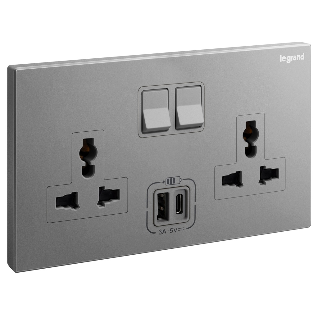 Legrand British Standard Socket Outlet With USB Type - A + C Chargers Galion - 13A 250V 2 Gang Single Pole - Switched - Dark Silver