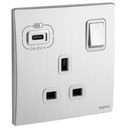 Legrand British Standard Socket Outlet With USB-C Chargers - 13A 250V 1 Gang Single Pole Switched - Brushed Aluminium