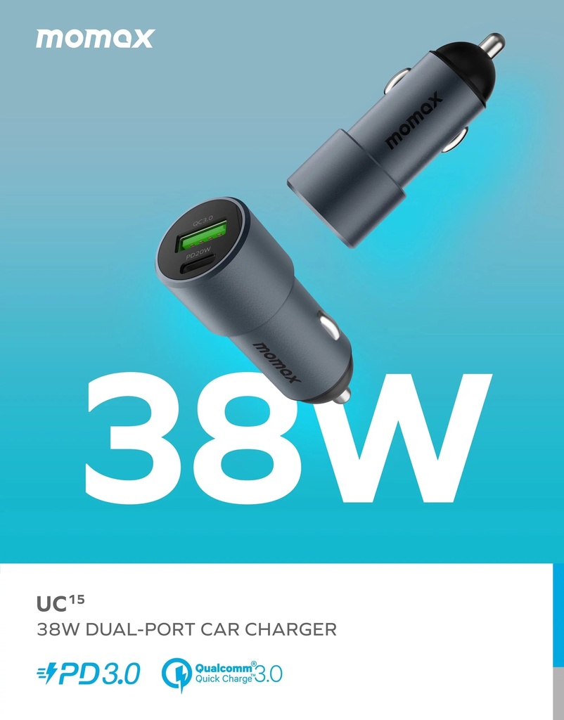 Momax Dual-Port Car Charger 38W UC15 - Grey