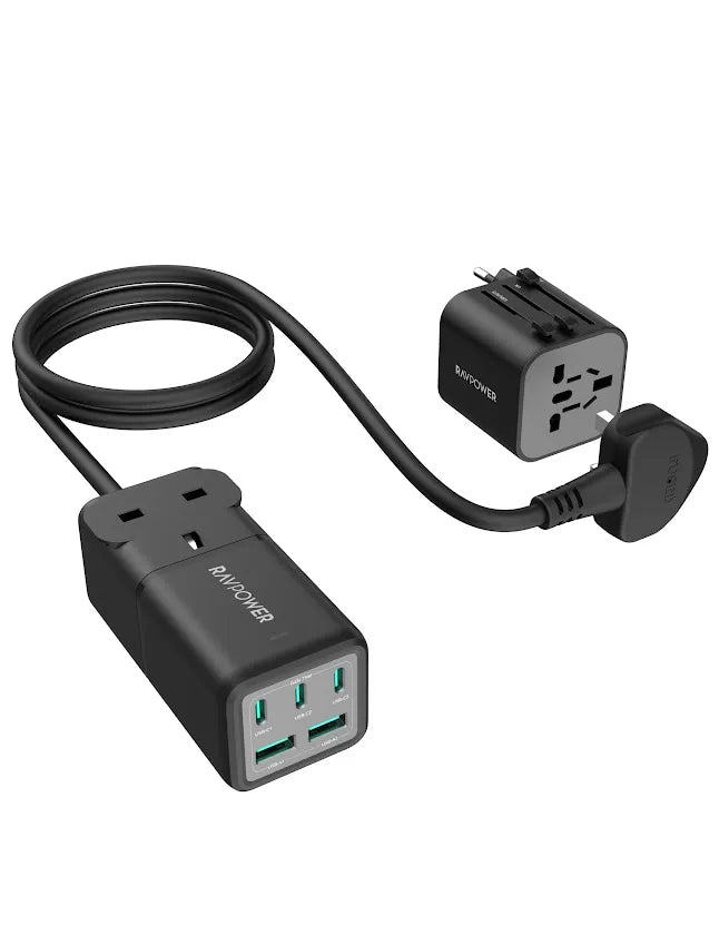 RAVpower 75W Power Strip 5-Port with AC outlets UK plug + Travel charger adapter Offline - Black