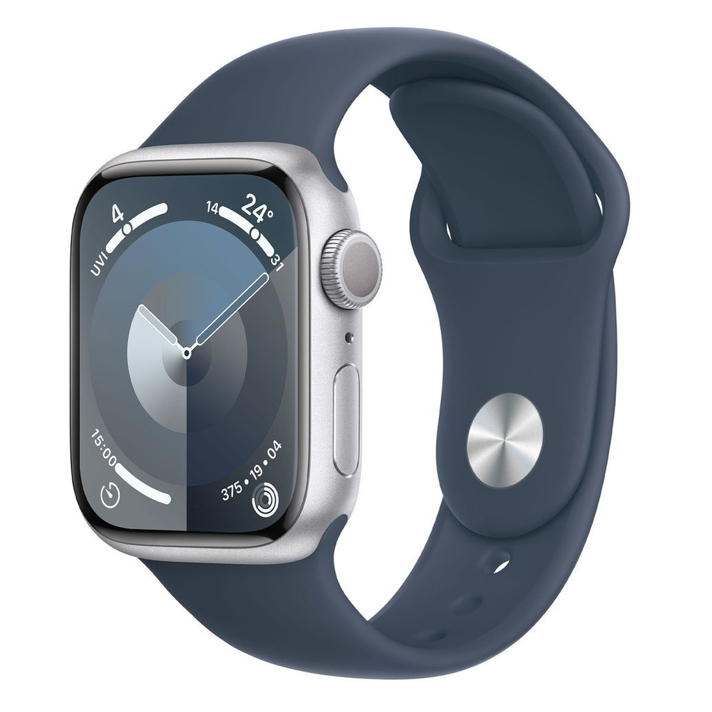 Apple Watch Series 9 GPS 45mm Silver Aluminium Case with Storm Blue Sport Band - M/L