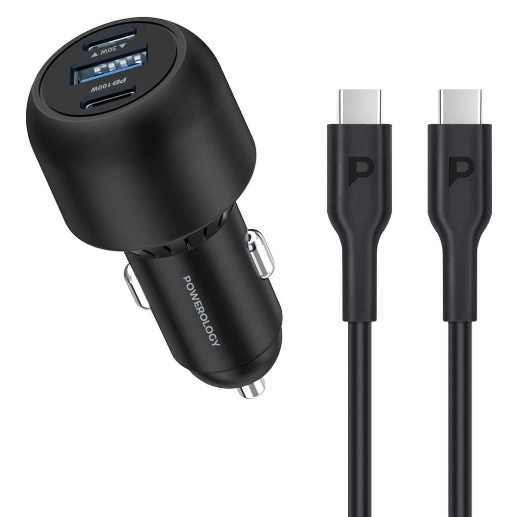 Powerology Ultra-Quick Car Charger 130W With 0.9m/3ft Type-C To Type-C Cable - Black