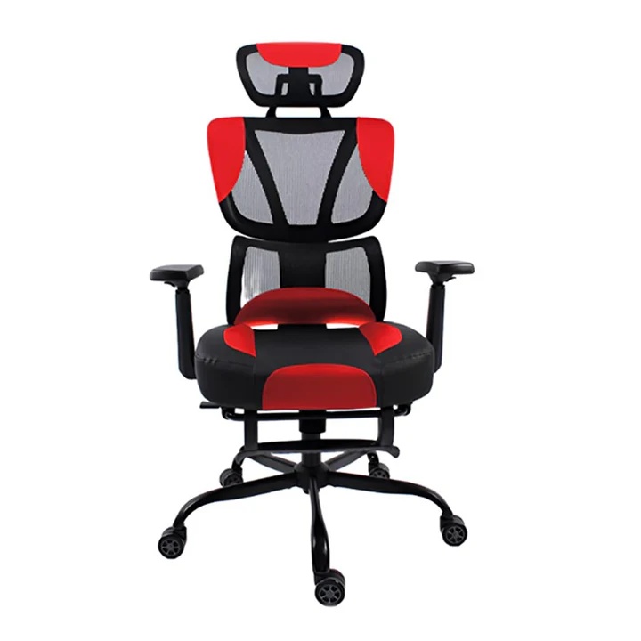 BLACK BULL Mesh Office and Gaming Chair with Footrest, Adjustable Headrest, 3D Armrest, 130kg Load Capacity, Black/Red