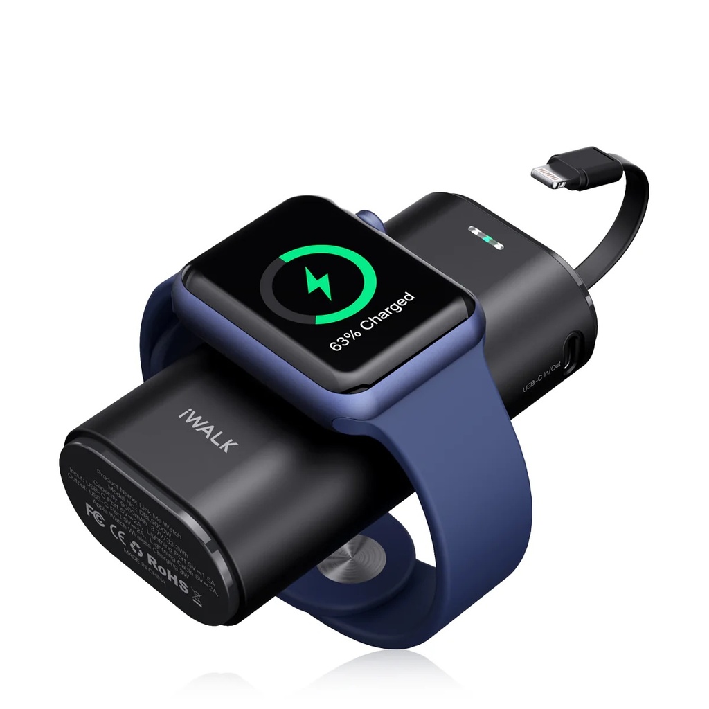 iWalk LinkPod Watch | Portable Phone and Apple Watch Charger [Built-In Lightning Cable] 9000mAh Capacity Built-in Cable:Lightning Built-in Magnetic:Apple Watch - Black