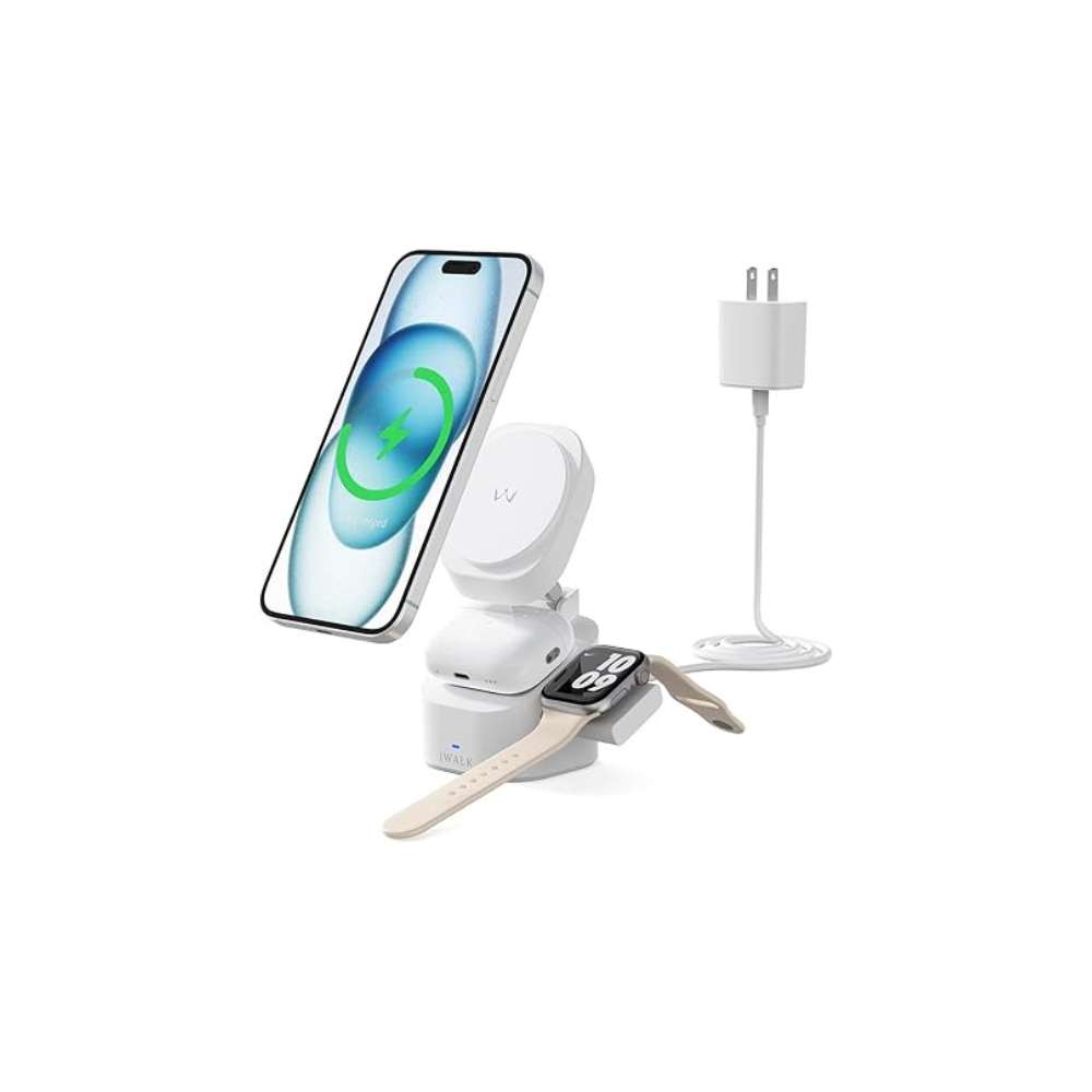 iWalk StandMe Power | MagSafe-Compatible,15W Foldable Flip 3-in-1 Wireless Charging Stand, 3-in-1 Foldable Design, Support StandBy, Travel & desk Charger for iphone|Apple Watch|Airpods - White