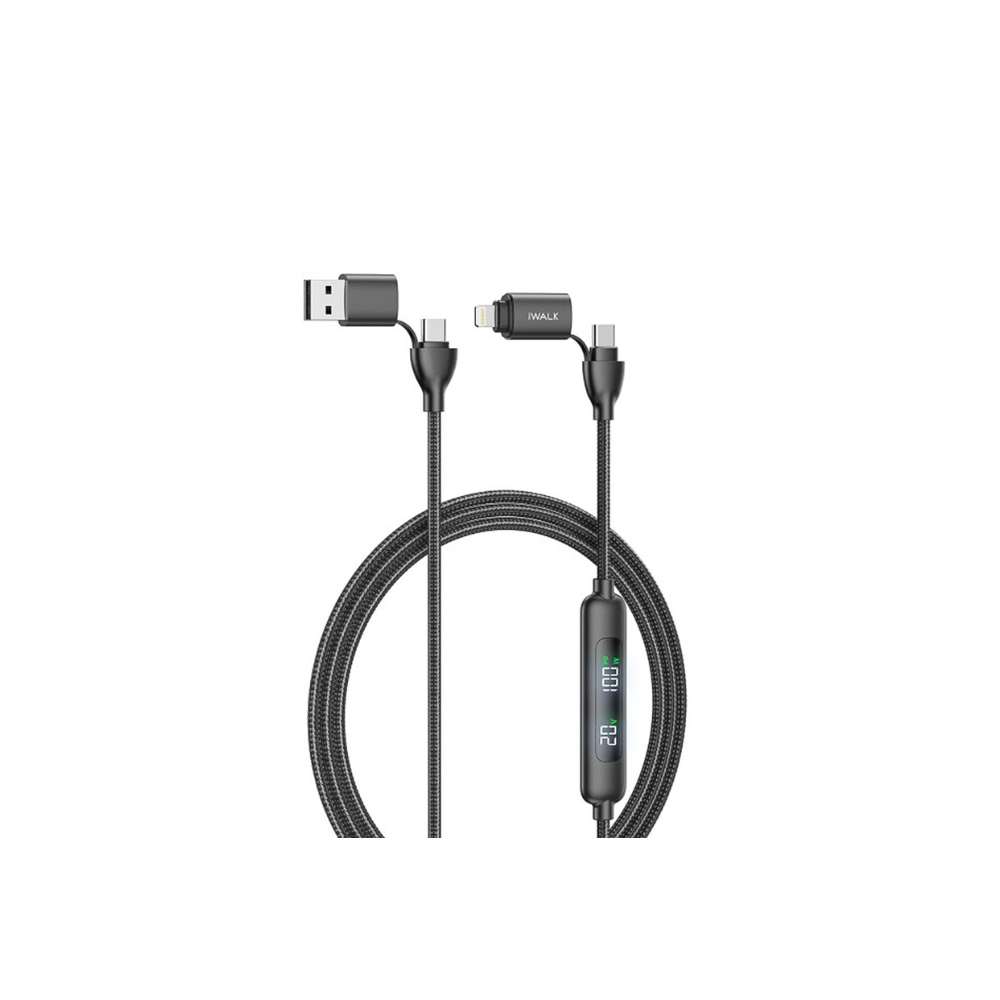 iWalk Switchable 4-1 100W PD Fast Charging Digital Display Charging Cable,Weaving Texture,1.2M, long enought for daily charging - Black