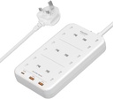 Blupebble 6 Plug Surge Protection Power Strip 6 Type - G Outlets + PD 20W USB-C Port + 2 USB-A Ports With 1.5 Meters Cord Length - White