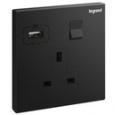 Legrand British Standard Socket Outlet With USB Type - A Charger Galion - 13A 250V~ 1 Gang Single Pole - Switched - Matt - Black